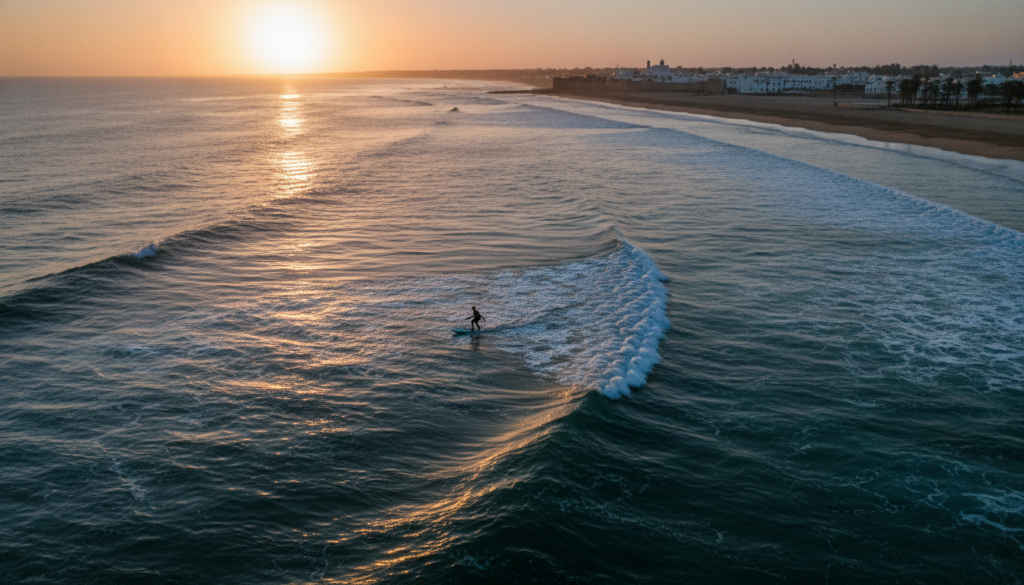 A cinematic wide shot of a surfer paddling out in the golden morning light of Essaouira bay, small waves, blue water, sandy beach in the background, high quality, professional photography style. A cinematic wide shot of a surfer paddling out in the golden morning light of Essaouira bay, small waves, blue water, sandy beach in the background, high quality, professional photography style.
