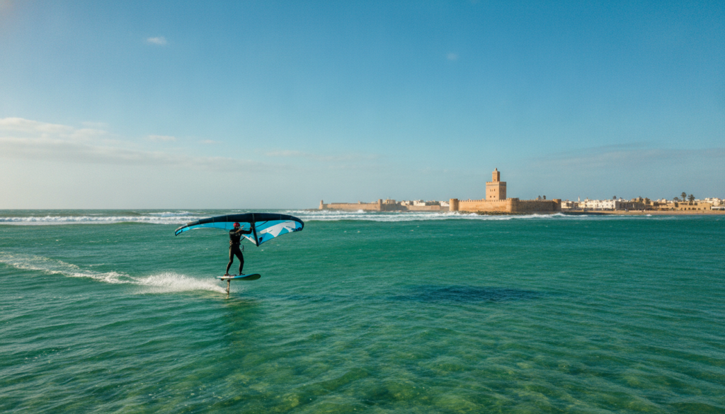A dynamic wide shot of a person practicing wingfoil in the turquoise bay of Essaouira, the person is gliding above the water on a foil, bright blue sky, the historic city walls in the distant background, high resolution, realistic style. A dynamic wide shot of a person practicing wingfoil in the turquoise bay of Essaouira, the person is gliding above the water on a foil, bright blue sky, the historic city walls in the distant background, high resolution, realistic style.