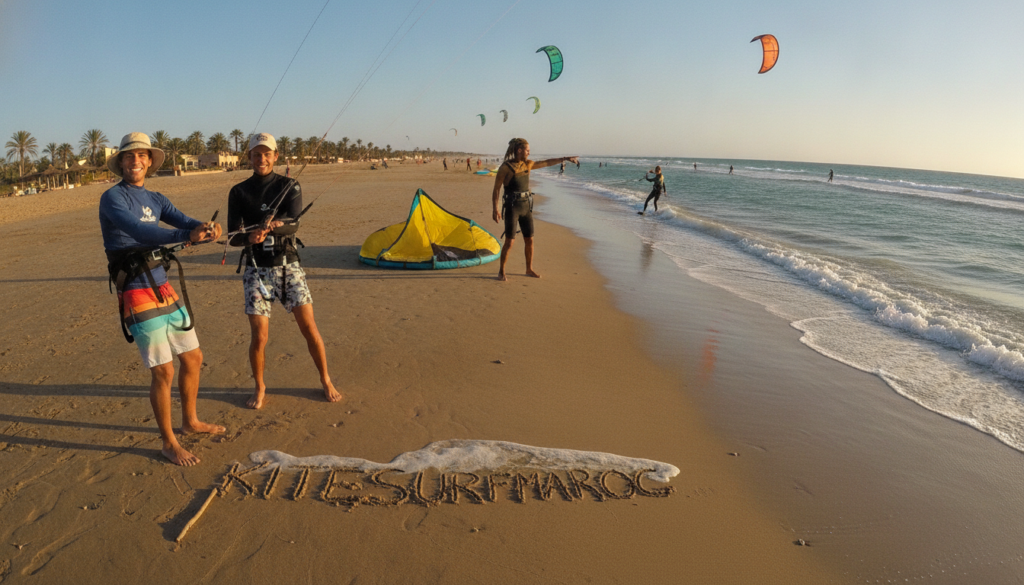 A scenic beach setting showcasing the progression of beginner kitesurfers in various stages of learning. In the foreground, two individuals in modest casual attire are practicing kitesurfing techniques, with their kites soaring high above them, capturing the essence of excitement and determination. The middle ground features a professional instructor guiding another beginner, pointing towards the ocean, emphasizing teamwork and learning. The background reveals a vibrant shoreline with gentle waves and clear blue skies, adding to the serene atmosphere. The scene is illuminated by warm sunlight, enhancing the inviting mood of a perfect day for kitesurfing. Include the brand name "KITESURFMAROC" subtly integrated into the sandy beach, without any text overlays or watermarks. A scenic beach setting showcasing the progression of beginner kitesurfers in various stages of learning. In the foreground, two individuals in modest casual attire are practicing kitesurfing techniques, with their kites soaring high above them, capturing the essence of excitement and determination. The middle ground features a professional instructor guiding another beginner, pointing towards the ocean, emphasizing teamwork and learning. The background reveals a vibrant shoreline with gentle waves and clear blue skies, adding to the serene atmosphere. The scene is illuminated by warm sunlight, enhancing the inviting mood of a perfect day for kitesurfing. Include the brand name "KITESURFMAROC" subtly integrated into the sandy beach, without any text overlays or watermarks.