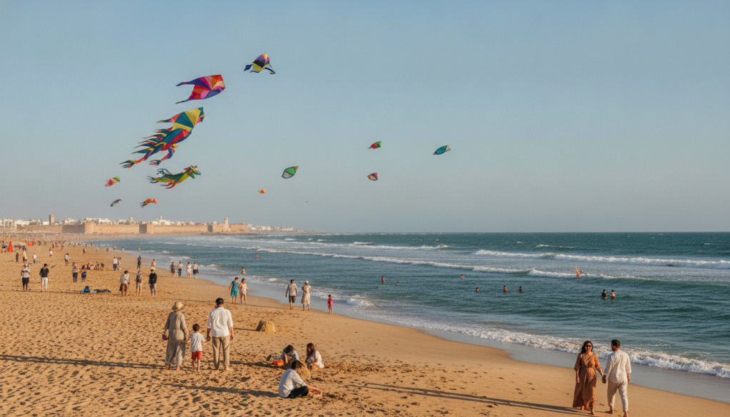 A wide panoramic view of Essaouira beach with colorful kites in the sky and happy beginners on the sand, sunny day, cinematic lighting. A wide panoramic view of Essaouira beach with colorful kites in the sky and happy beginners on the sand, sunny day, cinematic lighting.