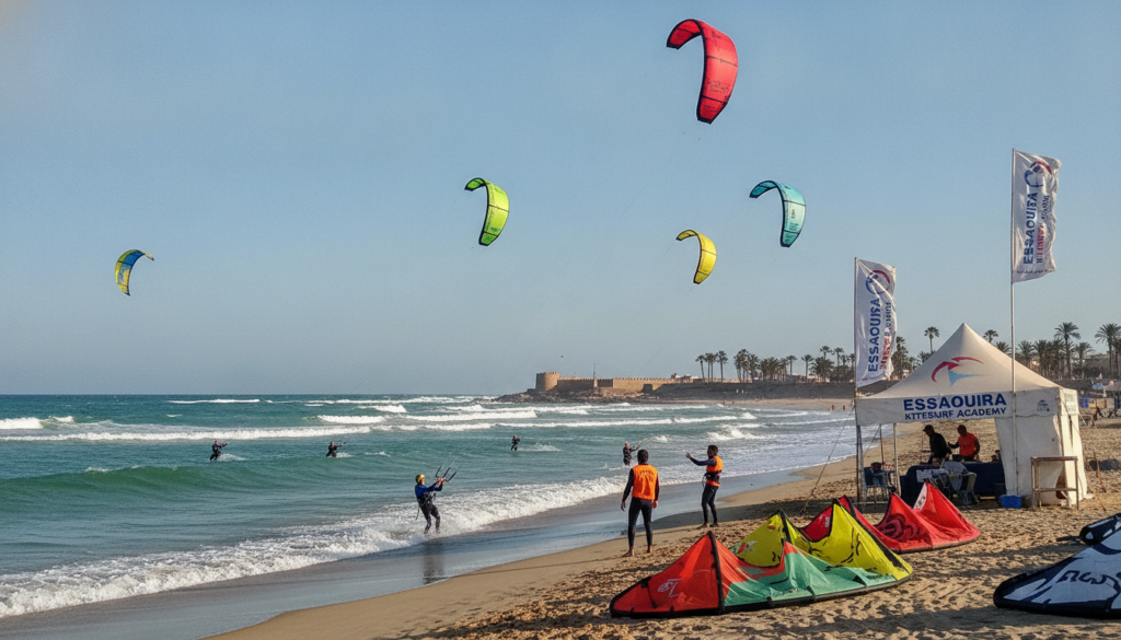 Photorealistic image of a professional kitesurfing school at Essaouira beach, bright turquoise ocean, students with colorful kites, certified instructors in orange vests, sunny Moroccan atmosphere, 8k resolution. Photorealistic image of a professional kitesurfing school at Essaouira beach, bright turquoise ocean, students with colorful kites, certified instructors in orange vests, sunny Moroccan atmosphere, 8k resolution.