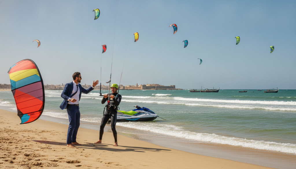 Une photographie dynamique d'un cours de kitesurf sur la plage d'Essaouira, eau turquoise, voiles colorées dans le ciel bleu, moniteur professionnel guidant un élève avec un jet-ski en arrière-plan, lumière du jour éclatante, résolution 4k. Une photographie dynamique d'un cours de kitesurf sur la plage d'Essaouira, eau turquoise, voiles colorées dans le ciel bleu, moniteur professionnel guidant un élève avec un jet-ski en arrière-plan, lumière du jour éclatante, résolution 4k.