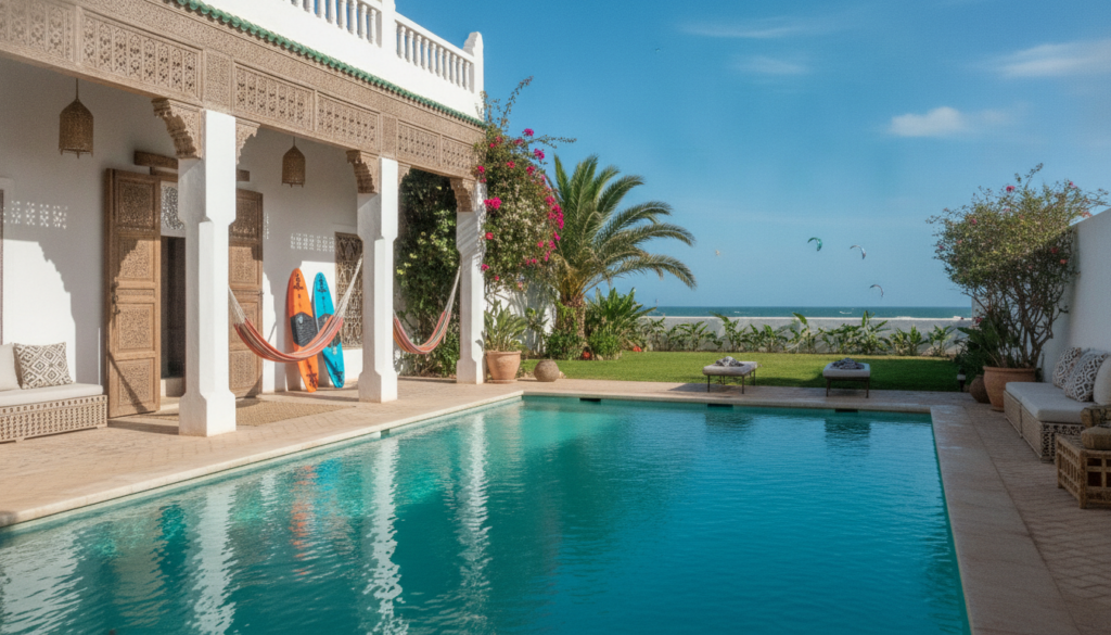 Une villa marocaine traditionnelle avec une piscine turquoise étincelante, des planches de kitesurf modernes posées près d'un jardin luxuriant, ambiance relaxante et ensoleillée à Essaouira, style photographique professionnel. Une villa marocaine traditionnelle avec une piscine turquoise étincelante, des planches de kitesurf modernes posées près d'un jardin luxuriant, ambiance relaxante et ensoleillée à Essaouira, style photographique professionnel.
