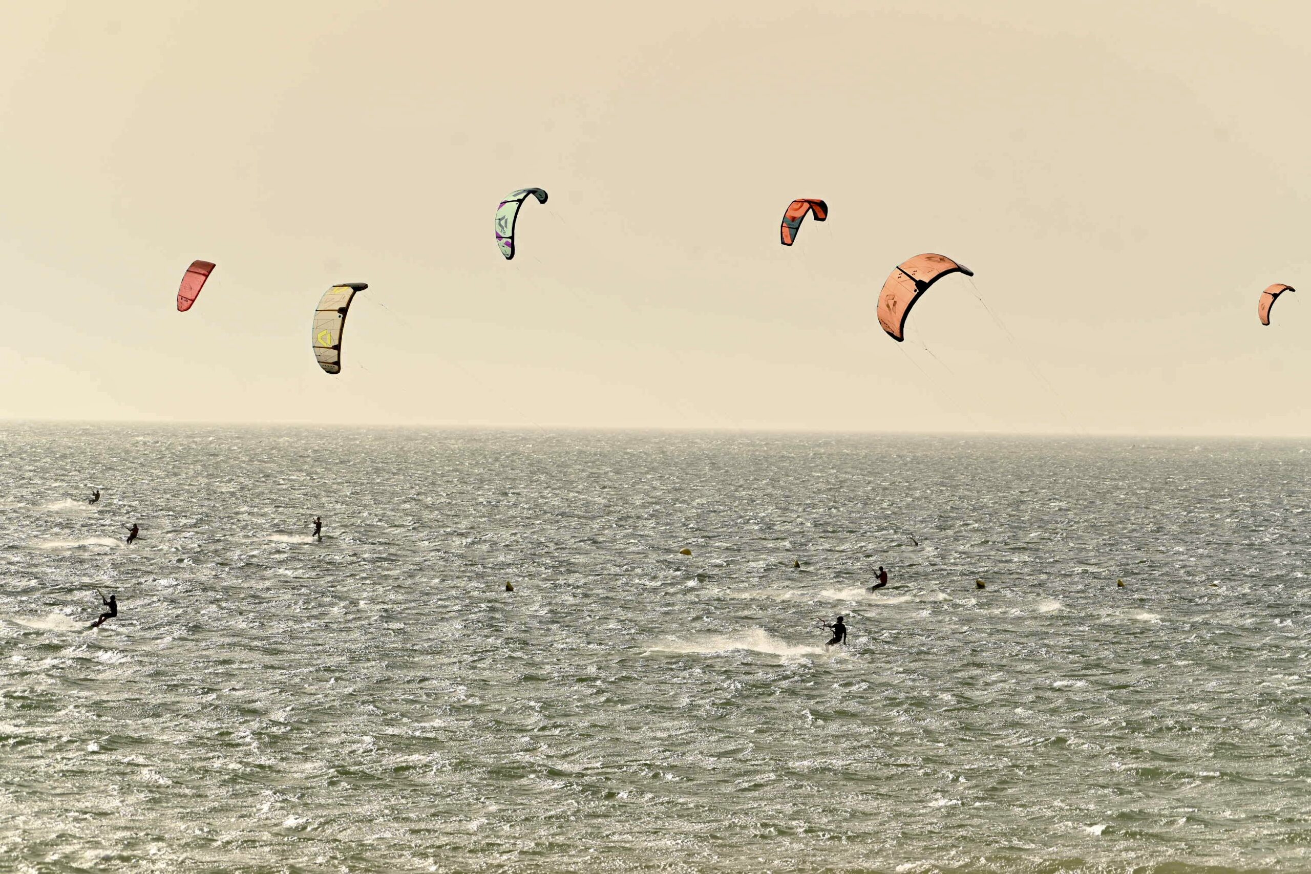 Kitesurf Essaouira | nombreux kites dans le ciel au-dessus de la baie
